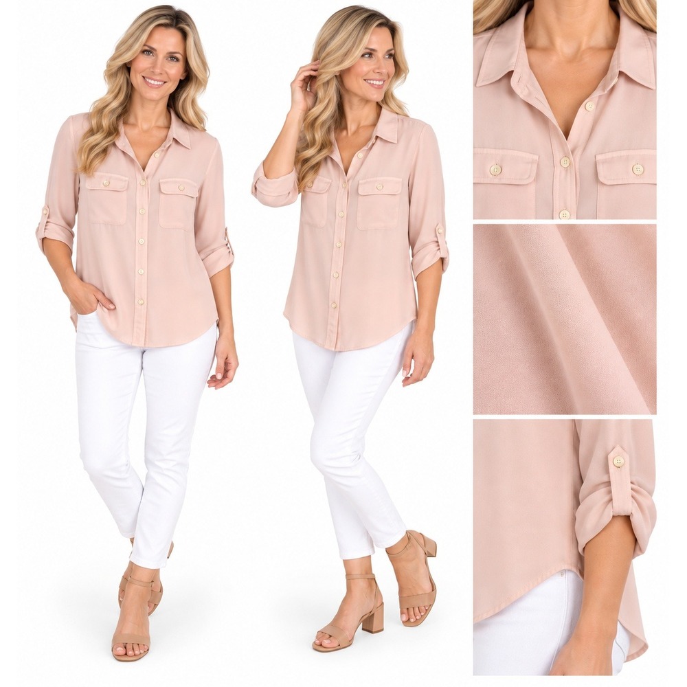 LOFT Blouse XS Blush Pink Utility Button Front Roll Tab Pockets Quiet Luxury
